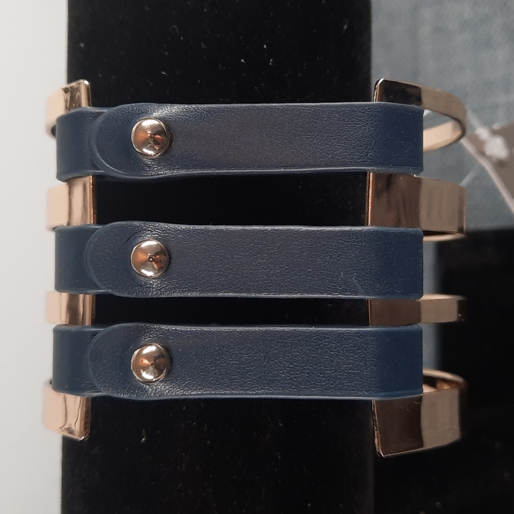 Fun Leather Strap Button Closure Cuff Bracelet Navy Blue Gold Metal Bands